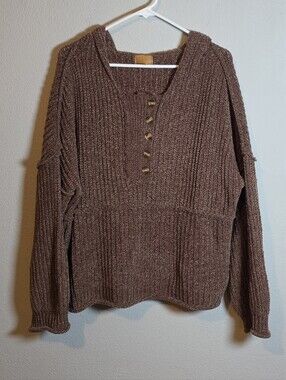 POL Brown Chenille Cable Knit Hooded Henley Sweater Size Large MST109 Boho
